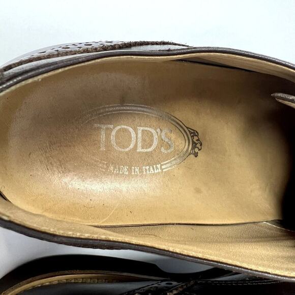 TOD’S Men’s US 8.5 EU 41.5 Brown Leather Brogue Wingtip Derby Shoes Made Italy - Picture 3 of 12